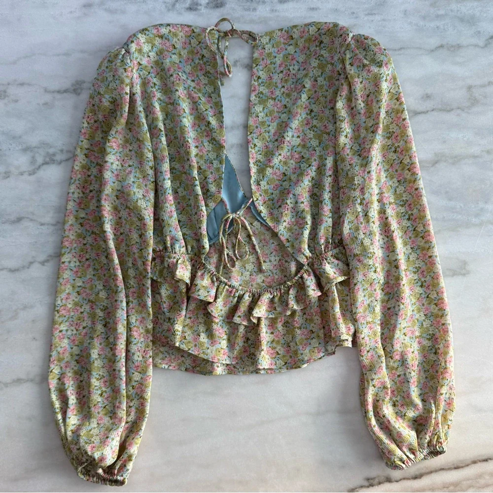 Anthropologie Cream Floral Open-Back Peplum Blouse
